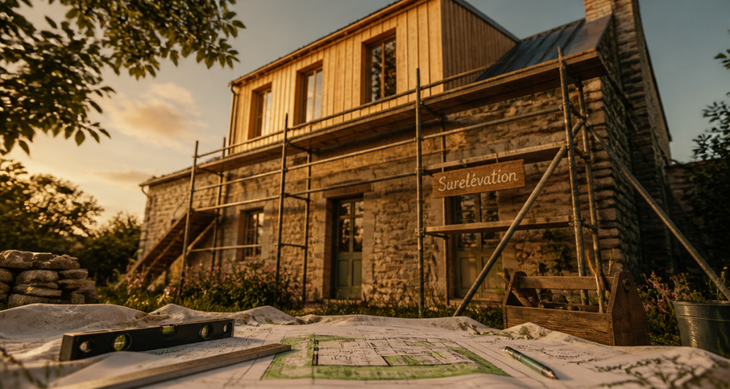 Surélévation maison ancienne avec étage bois et échafaudage