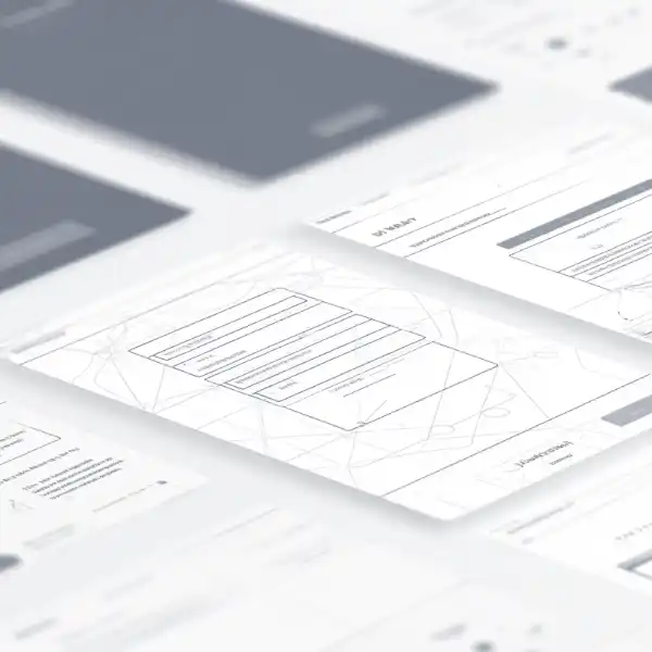 Abstract architectural wireframe system with recursive layers and subtle slate accent indicating feedback and observation