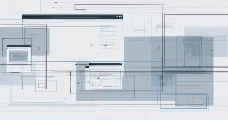 Abstract website interface diagram showing design and development as interdependent system layers