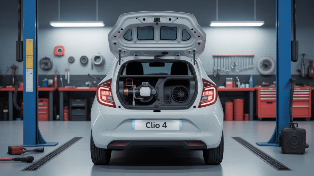 Vue détaillée trappe essence Clio 4 fond atelier