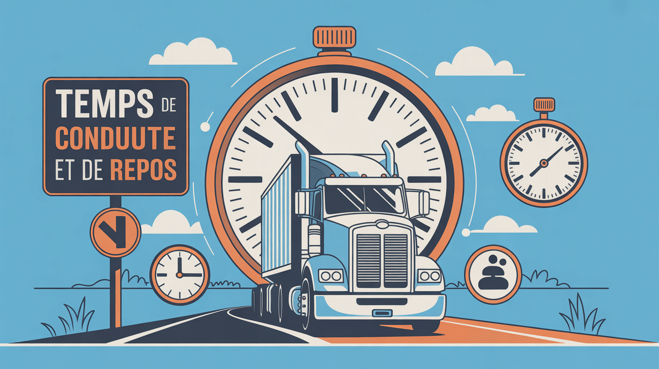 tableau : temps de conduite et de repos camion sur route avec horloge