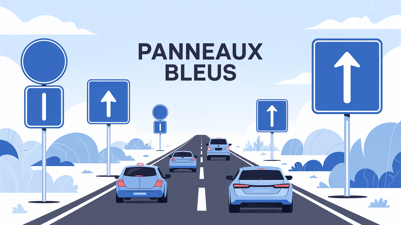 illustration panneaux bleues différents sur route