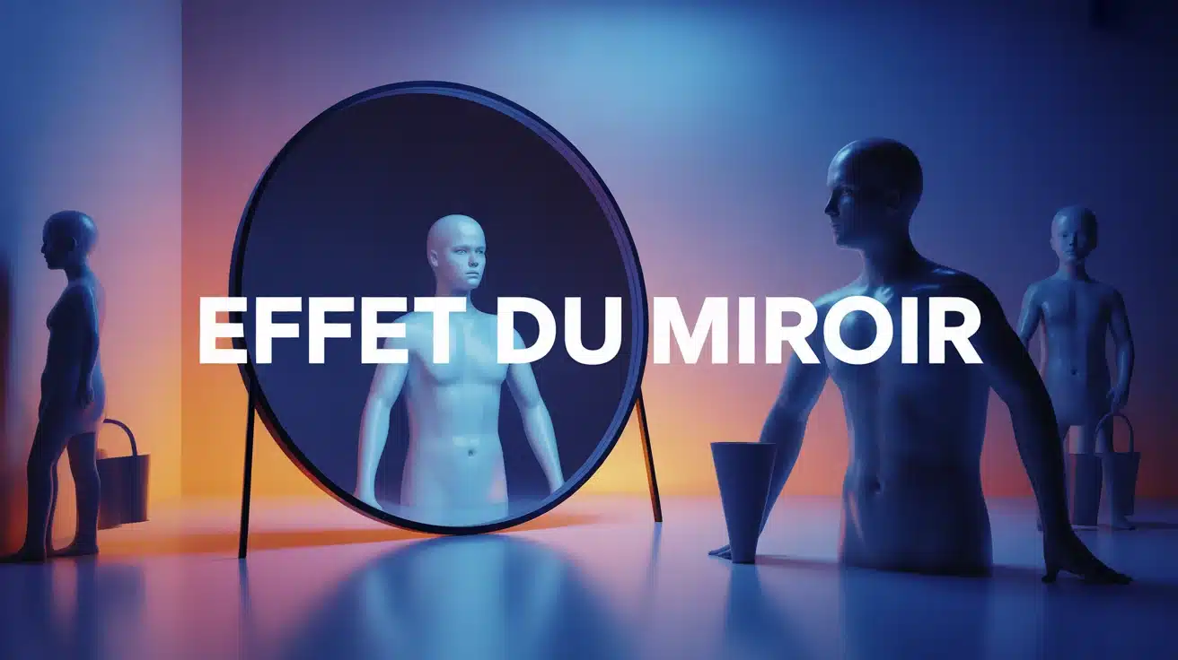 Illustration de l'effet du miroir avec un grand miroir stylisé et silhouettes humaines abstraites