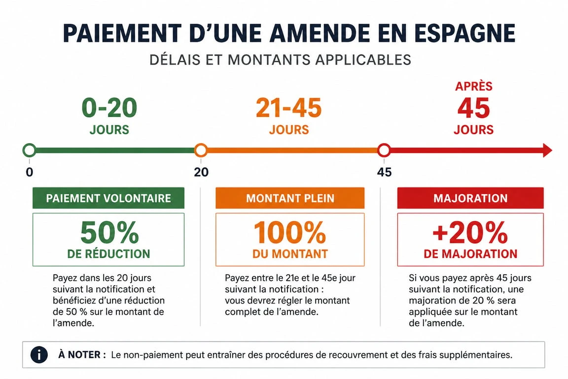 Infographie des délais de paiement pour une amende en Espagne : réduction de 50% sous 20 jours et majoration après 45 jours.
