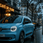 Twingo 2026 bleu pastel devant café à Paris