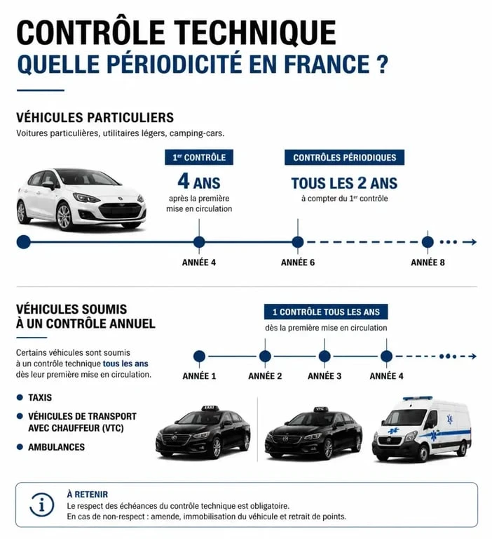 Infographie de la périodicité du contrôle technique annuel voiture en France