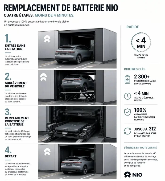 Infographie du processus de battery swapping de Nio pour les véhicules électriques