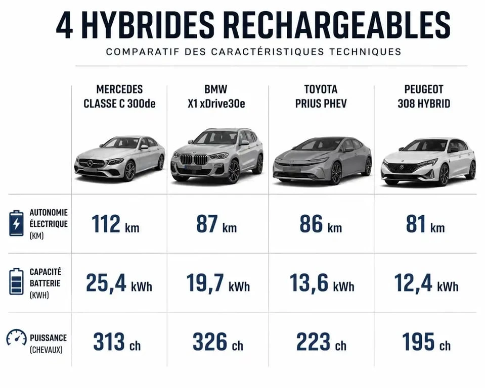 Comparatif des caractéristiques techniques du meilleur hybride rechargeable : autonomie, batterie et puissance des modèles leaders.