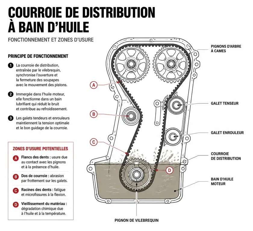 Schéma explicatif du fonctionnement d'une courroie de distribution à bain d'huile sur un moteur PureTech
