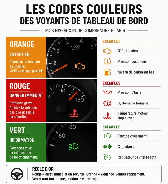 Infographie des codes couleurs du voyant service sur le tableau de bord