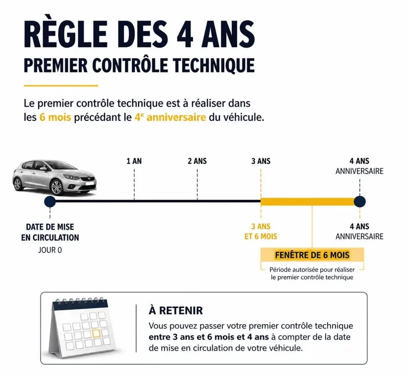 Infographie explicative de la règle des 4 ans pour le contrôle technique pour voiture neuve