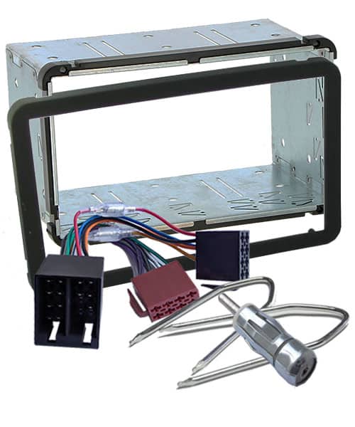 Flexibler Einbaurahmen für Autoradio mit Kabelsatz und Werkzeug, kompatibel mit verschiedenen Fahrzeugen.