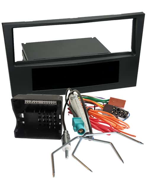 Kfz-Radio-Adapter mit Einbaurahmen und Kabelsatz für Nachrüst-Autoradios.