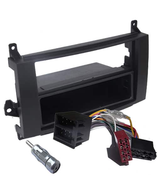 Zubehörrahmen für Autoradio mit Einbauset und Kabelverbindern.