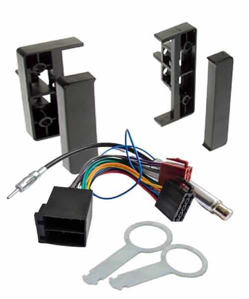 Halterungssatz für Autoradio mit Kabelbaum und Befestigungsschellen.