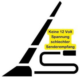 Kein 12-Volt-Strom, schlechte Empfangsqualität, Warnsymbol für Autoradio-Installation.