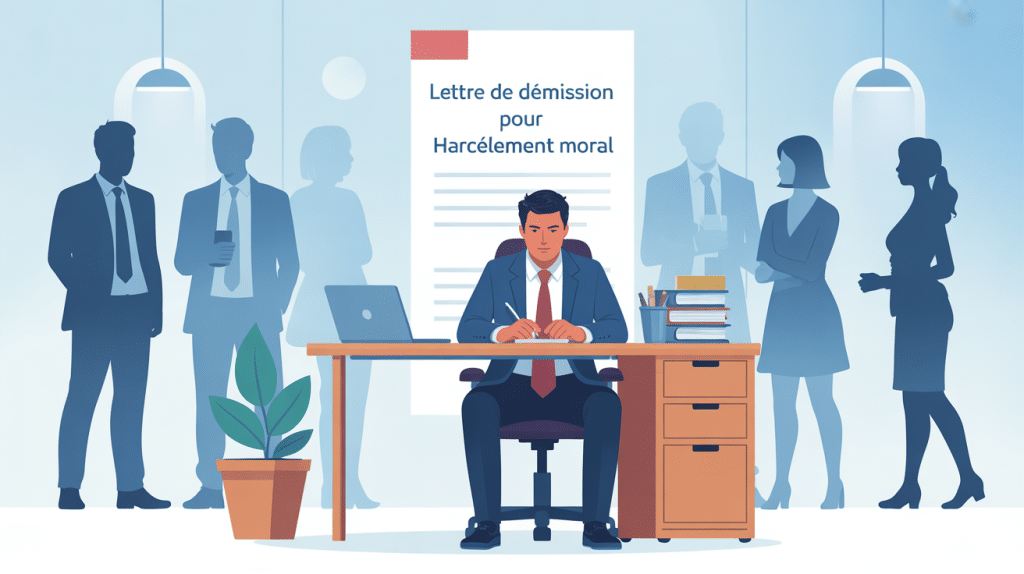 Illustration lettre de démission pour harcèlement moral et psychologique, salarié quittant bureau