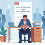 Illustration lettre de démission pour harcèlement moral et psychologique, salarié quittant bureau