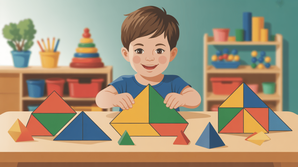 Tangram Montessori, pièces colorées et enfant manipulant sur table en bois