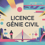 Illustration licence génie civil avec étudiants, plans et bâtiments modernes