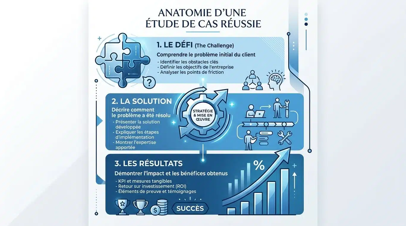 Infographie illustrant la structure idéale d'une étude de cas : Problématique, Solution et Résultats.