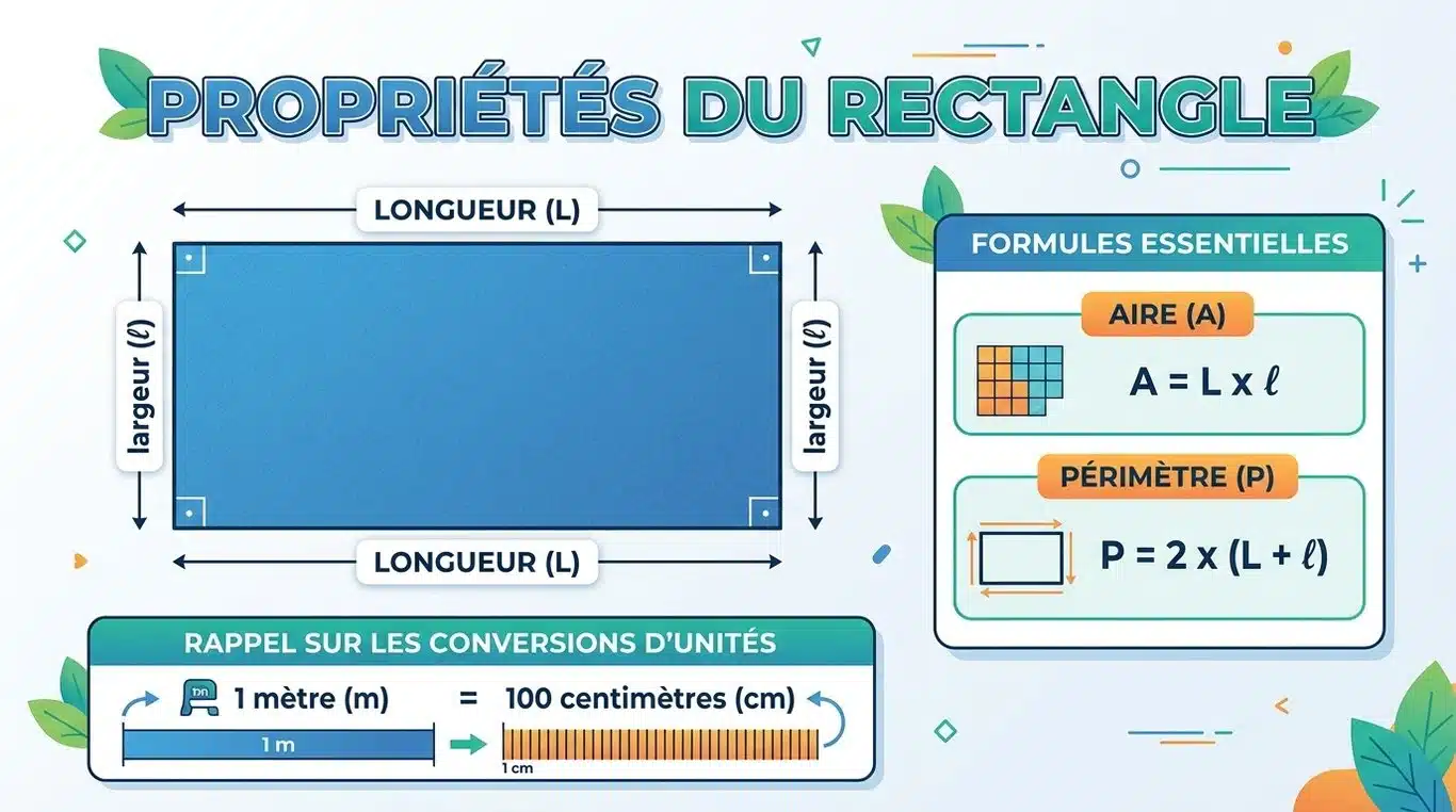 Infographie récapitulative des formules de calcul pour la longueur, la largeur, l'aire et le périmètre d'un rectangle.