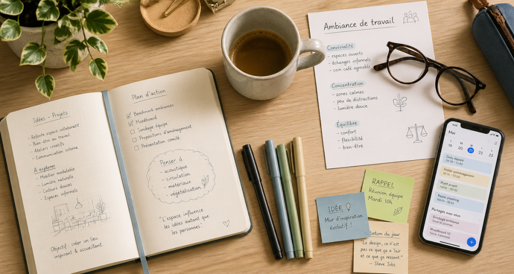 ambiance travail bureau flat lay carnet café