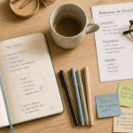 ambiance travail bureau flat lay carnet café