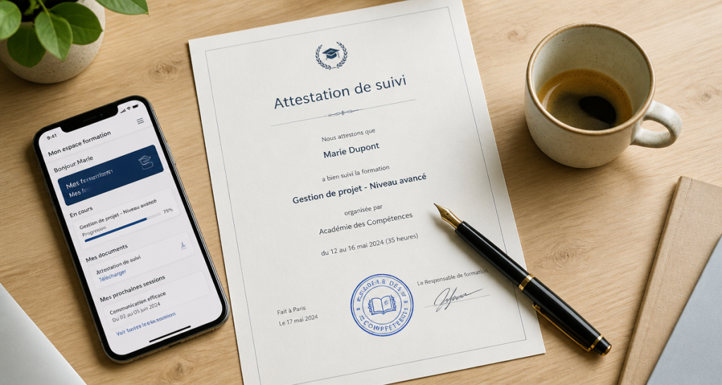 attestation suivi de formation imprimée avec stylo et tampon