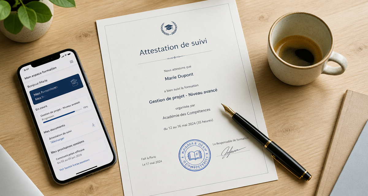 attestation suivi de formation imprimée avec stylo et tampon