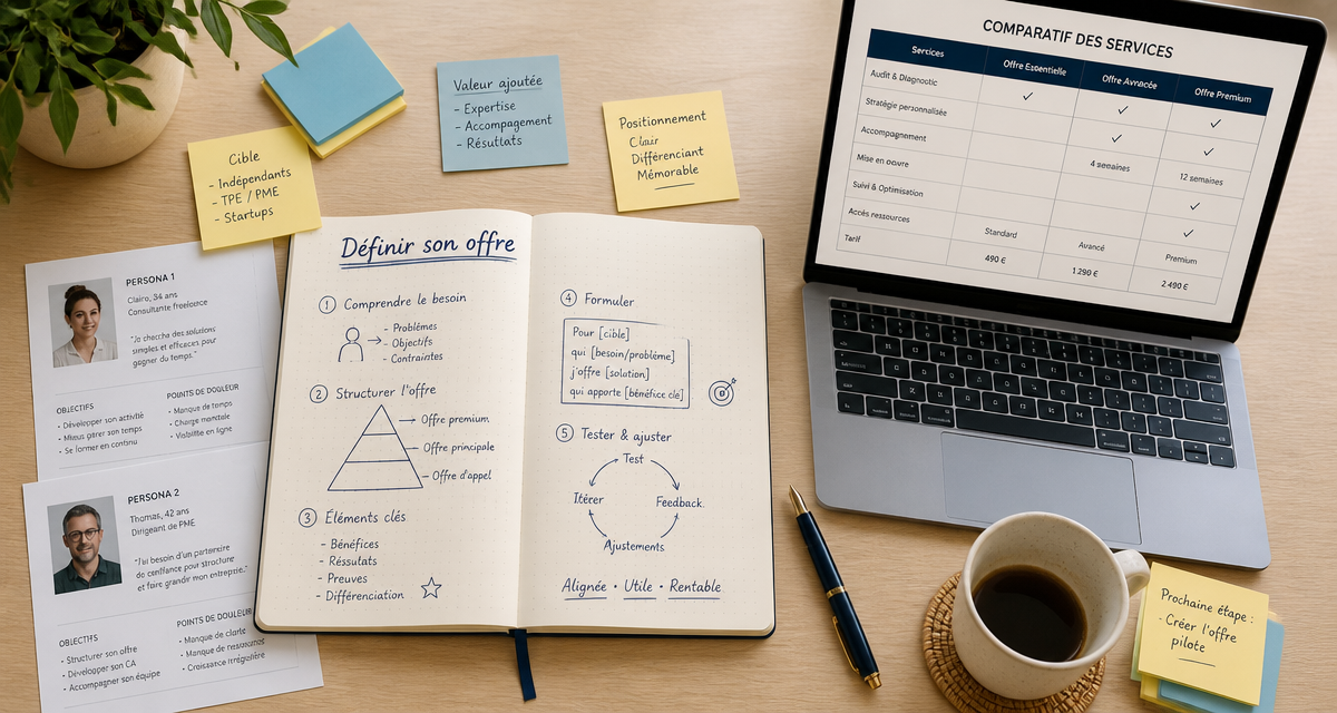 définir son offre sur bureau avec carnet et schémas