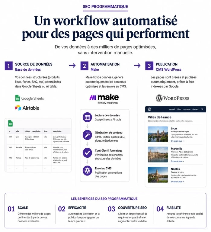 Schéma du workflow de formation SEO programmatique : automatisation de la création de contenu