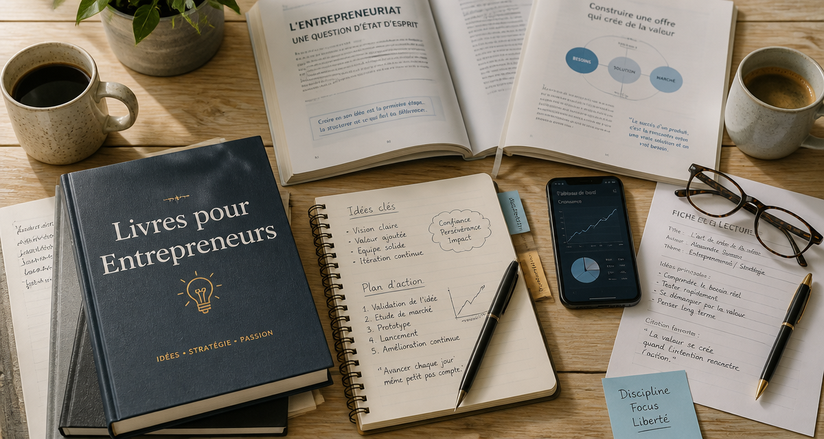 entrepreneuriat livre sur un bureau avec livres et carnet