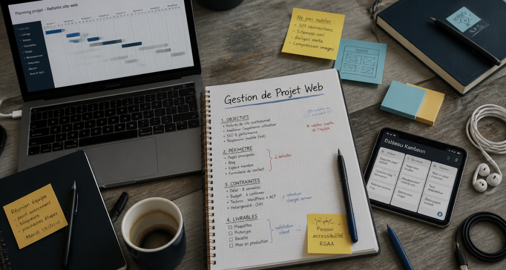 Bureau gestion de projet web avec cahier et outils