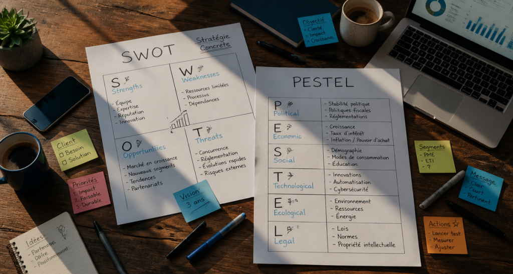bureau avec documents pestel swot manuscrits