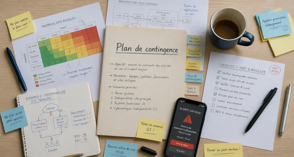 plans de contingence sur bureau avec schémas et checklist