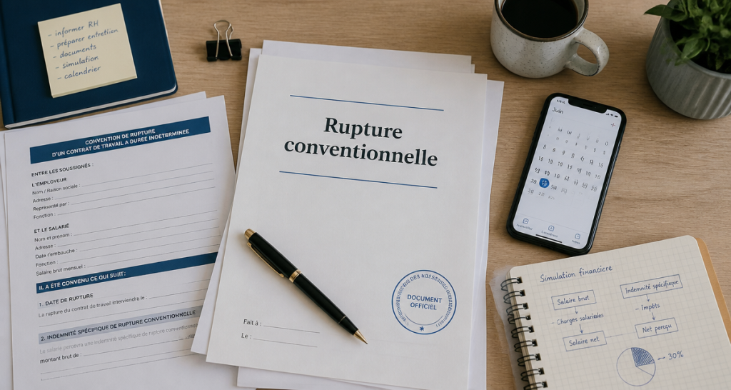 Rupture conventionnelle pour création d'entreprise, dossier et documents sur bureau