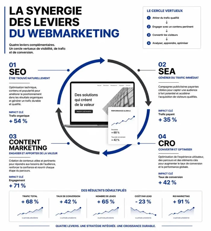 Infographie des leviers de stratégie webmarketing freelance : SEO, SEA, Content Marketing et CRO pour booster la visibilité.