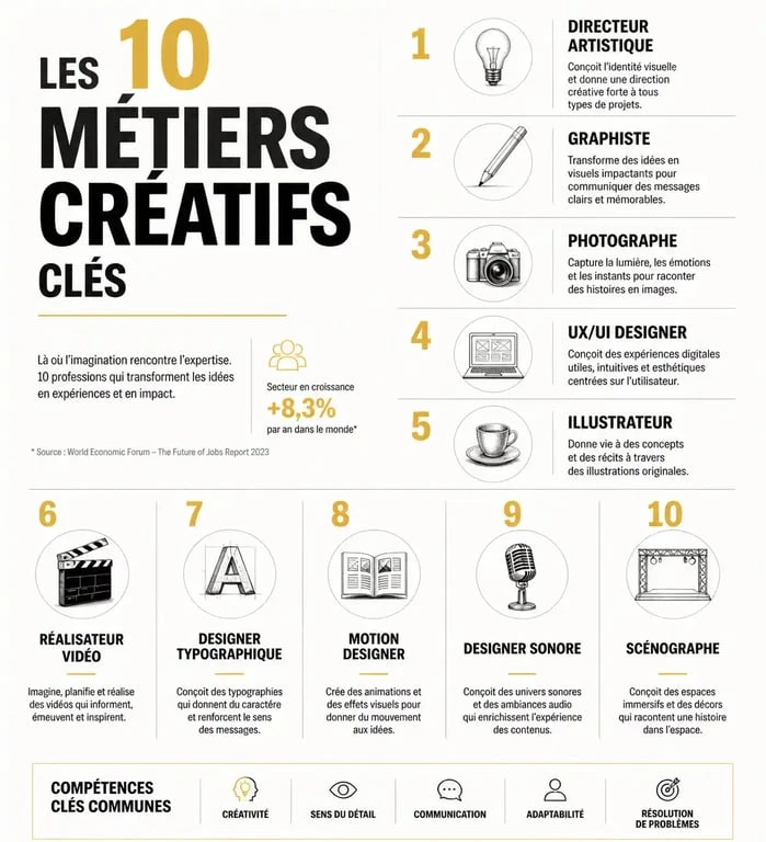 Infographie des 10 métiers créatifs les plus porteurs et leurs compétences clés
