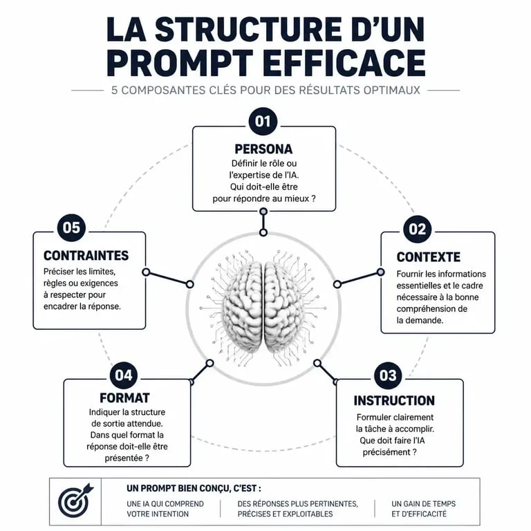 Infographie illustrant les 5 piliers pour rédiger un prompt efficace en intelligence artificielle