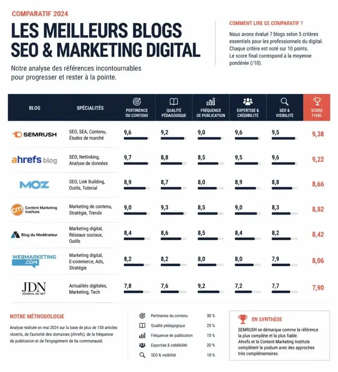 Infographie comparative des meilleurs blogs SEO et marketing digital pour la veille professionnelle