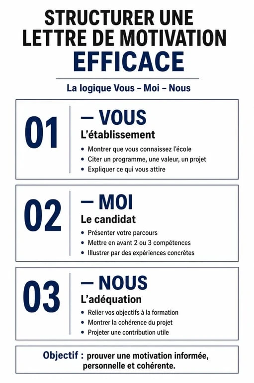 Infographie illustrant la structure d'une lettre de motivation pour une formation réussie