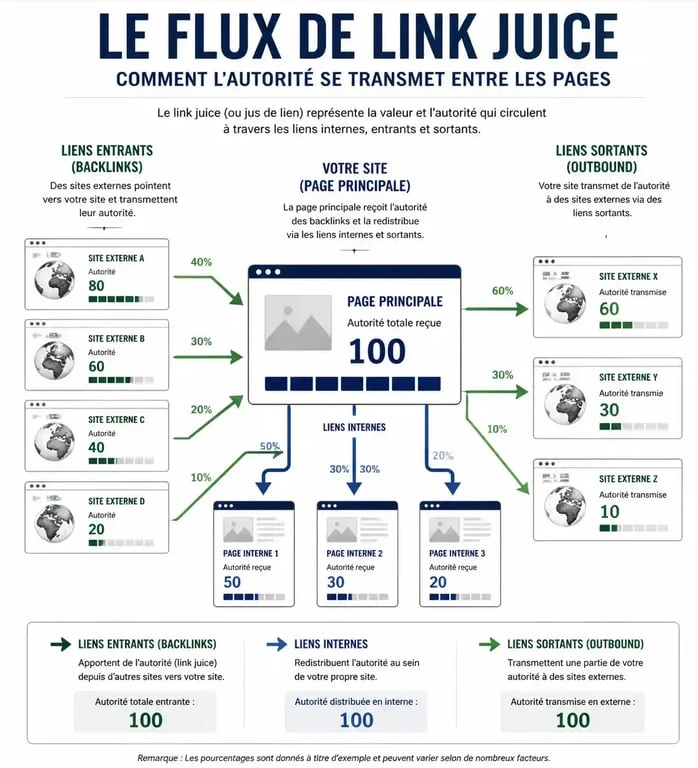 Schéma illustrant la structure des liens SEO : maillage interne, backlinks et liens sortants