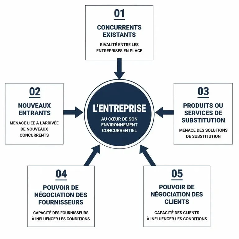 Schéma explicatif du modèle des 5 forces de Porter pour l'analyse concurrentielle