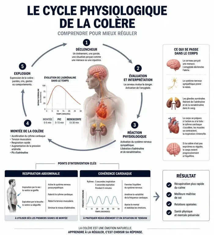 Infographie sur les mécanismes physiologiques de la colère et les techniques pour mieux gérer sa colère au quotidien