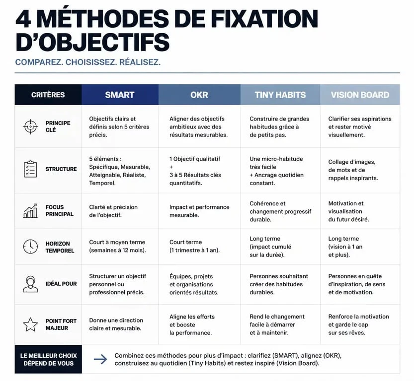 Infographie comparative des méthodes de fixation d'objectifs personnels : SMART, OKR, Tiny Habits et Vision Board.