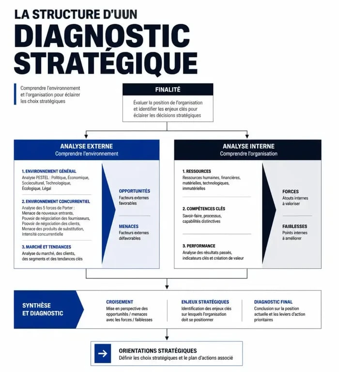 Schéma conceptuel du diagnostic stratégique incluant les outils SWOT, PESTEL et les 5 forces de Porter