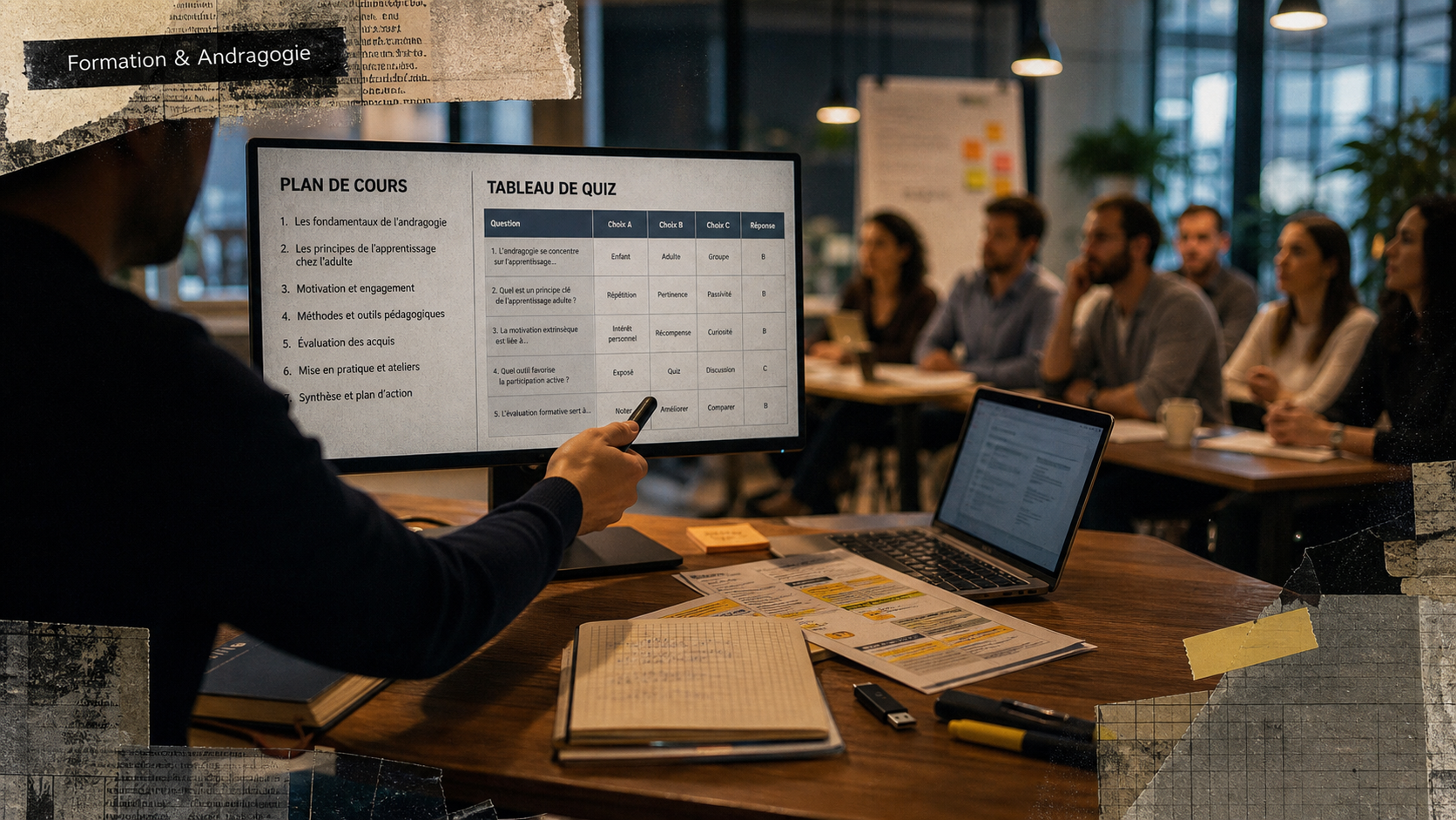 Formateur informatique en salle de formation, plan de cours et quiz