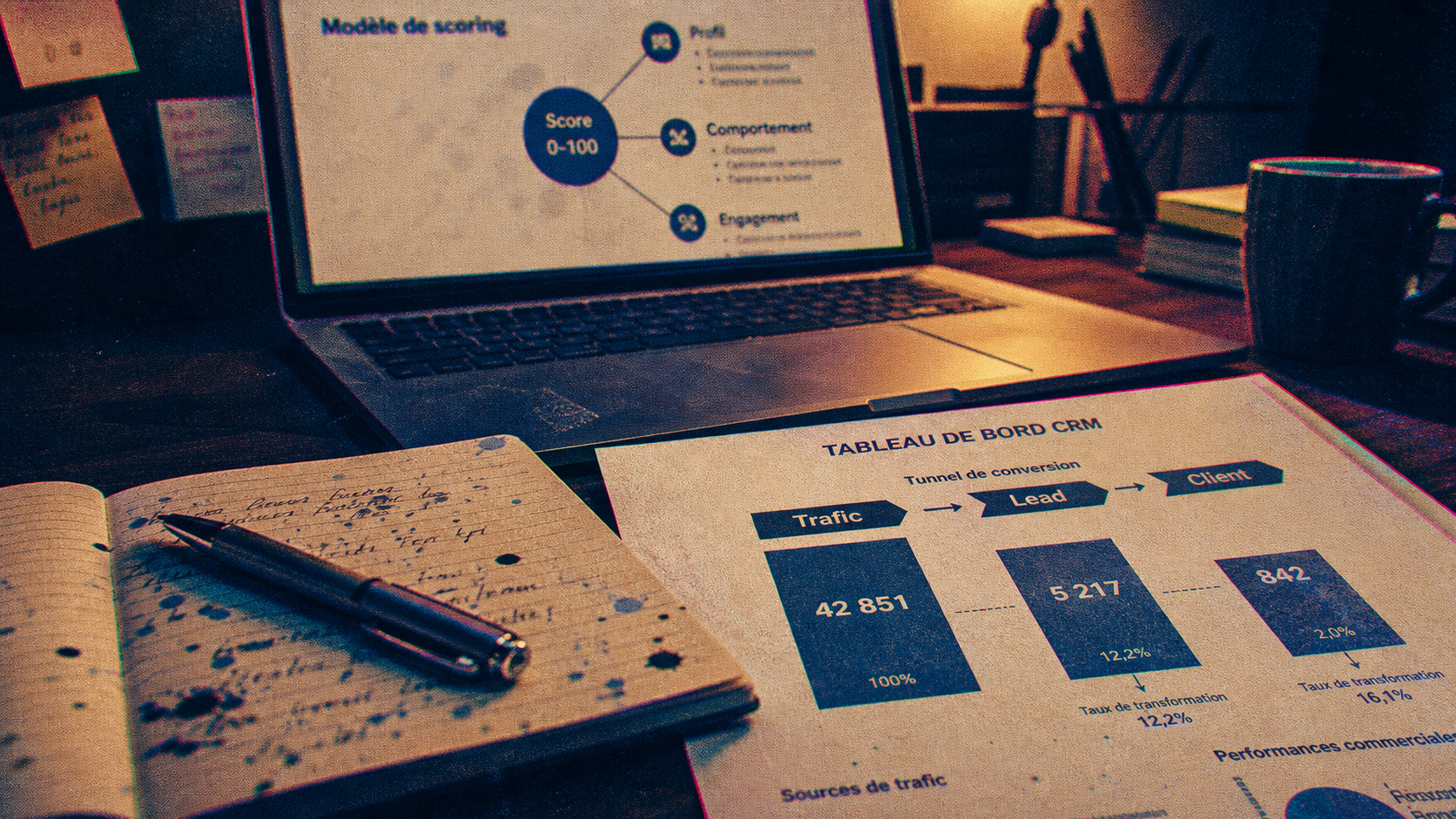Lead acquisition marketing : tunnel Trafic → Lead → Client sur CRM