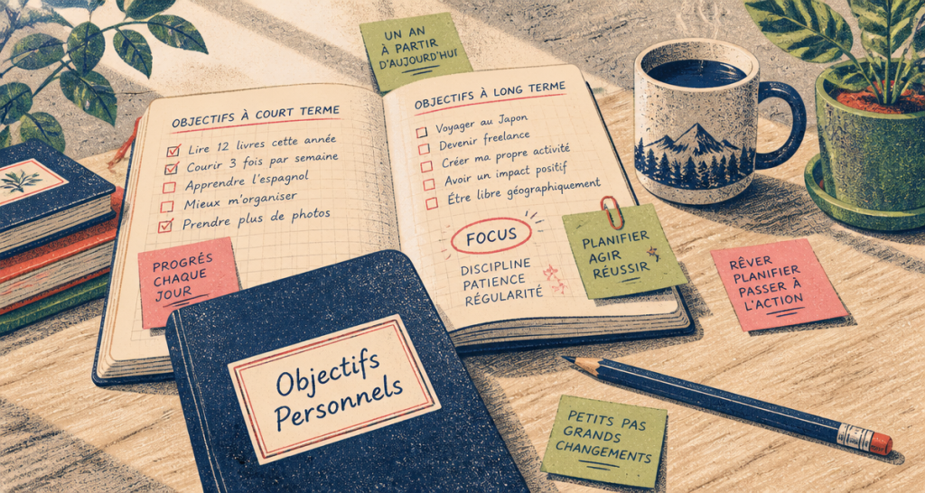 Carnet d'objectif personnel sur bureau avec café et plante
